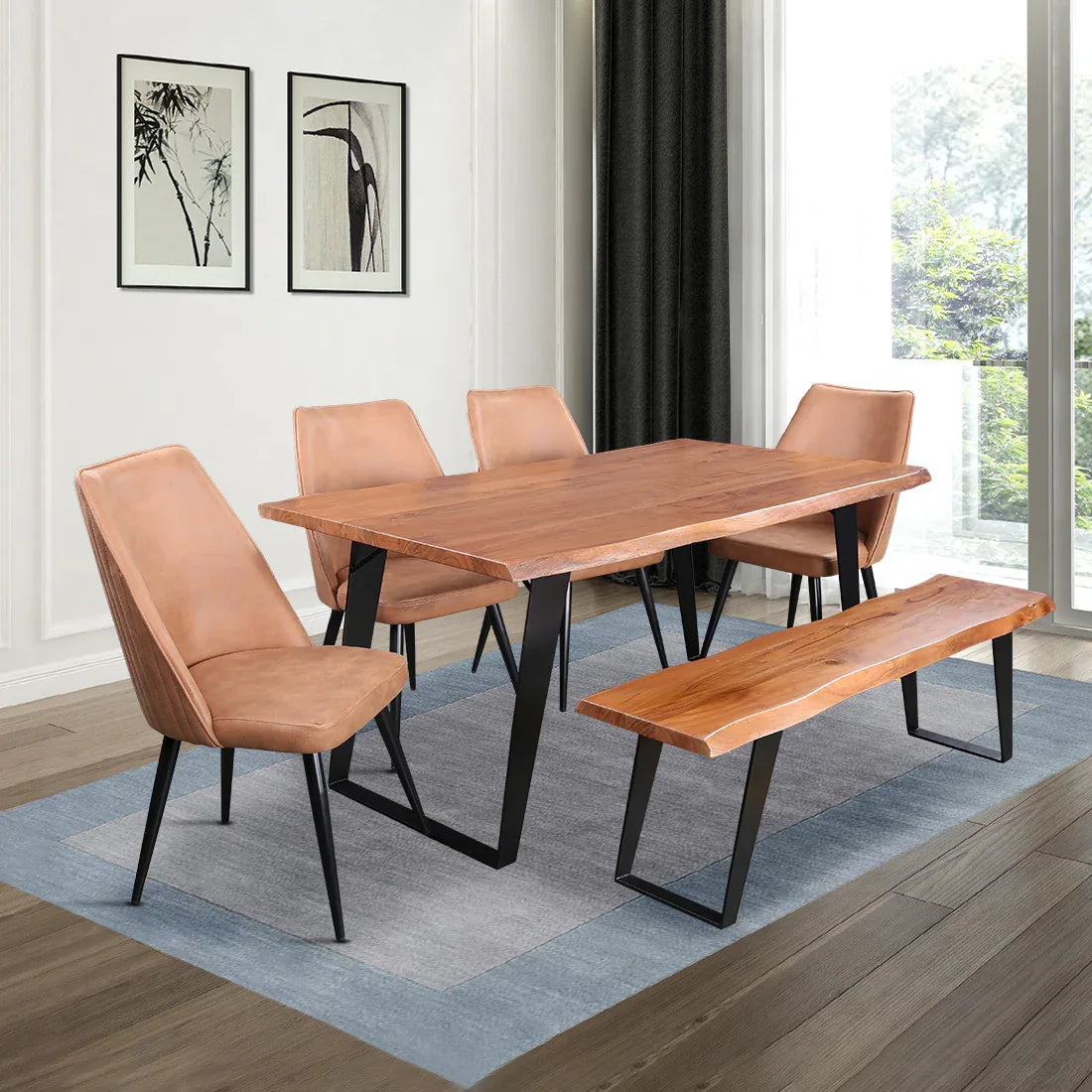 Arduous Acacia Wood Six Seater Dining Set With Bench in Natural Colour - HomeTown