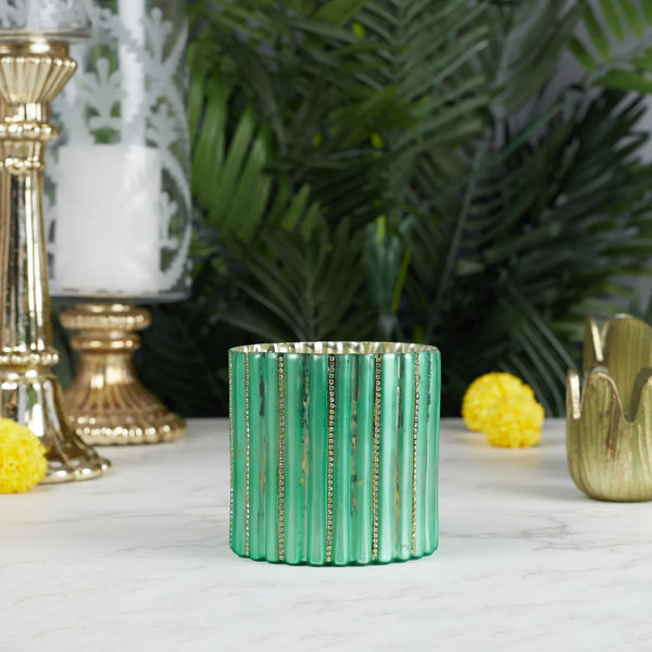Phiona Glass Diamond Stud Handcrafted Votive 10 Cm in Emerald Colour dimensions