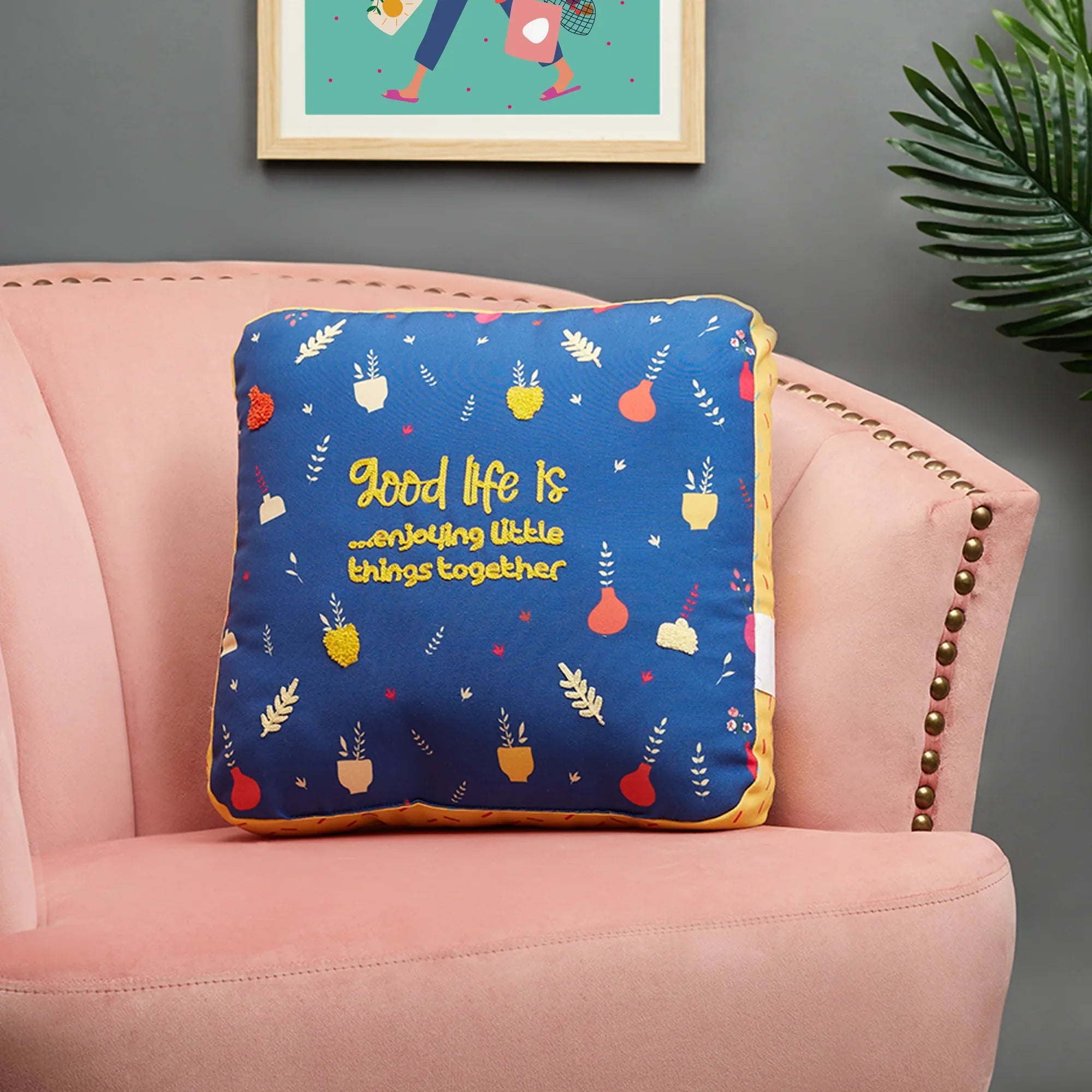 Good Life Reversible Little Things Digital Printed Shaped Cushion 40x40 Cm in Navy Colour - HomeTown