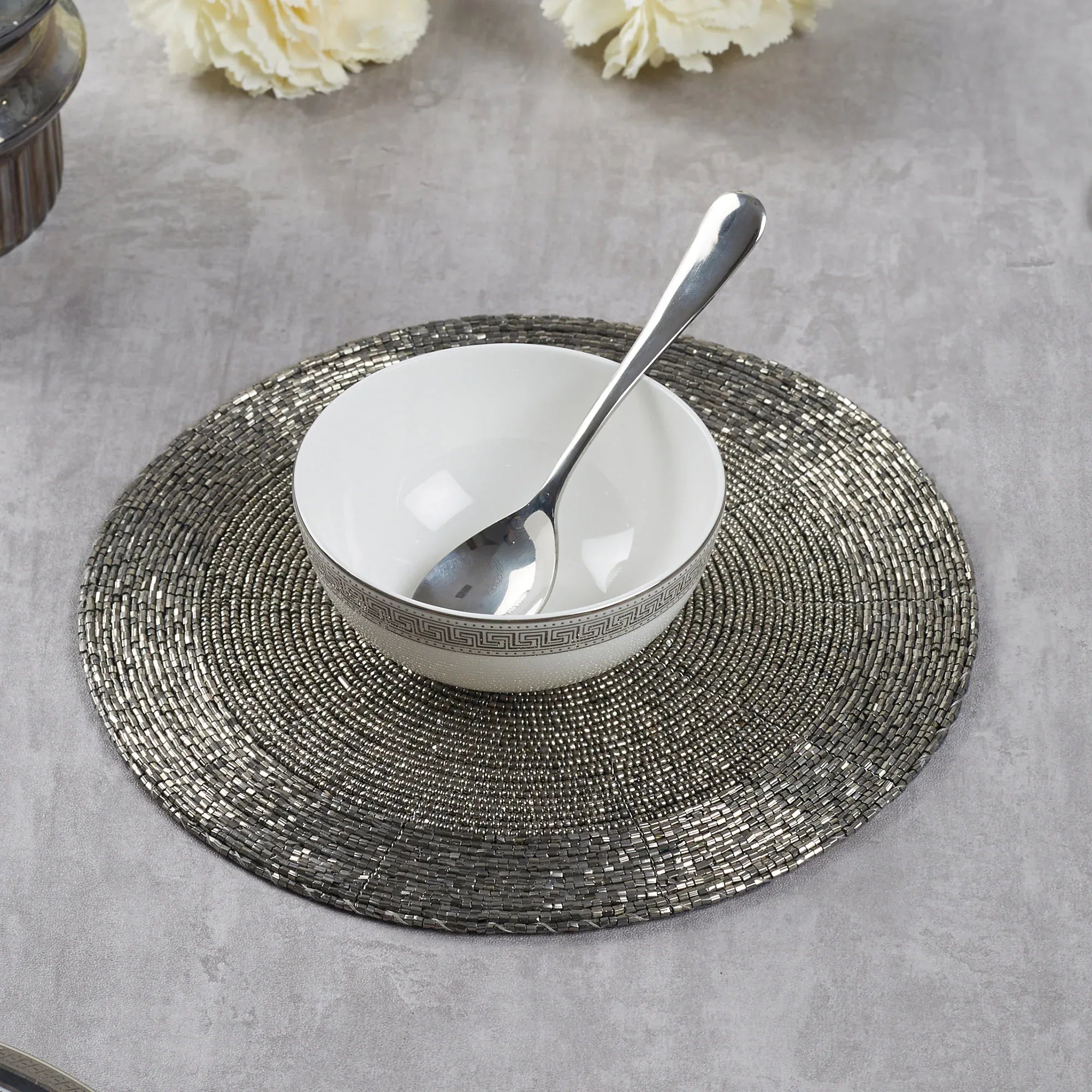 Nora Handmade Beaded Trivet Dia 22 Cm in Silver Colour - HomeTown