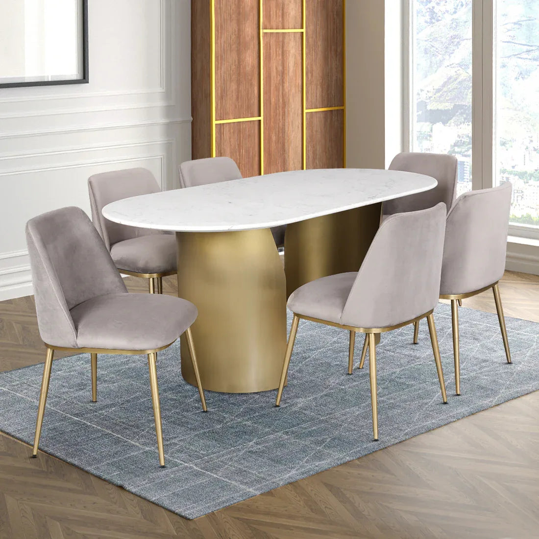 Palatine Marble Top Six Seater Dining Set in White & Grey Colour - HomeTown