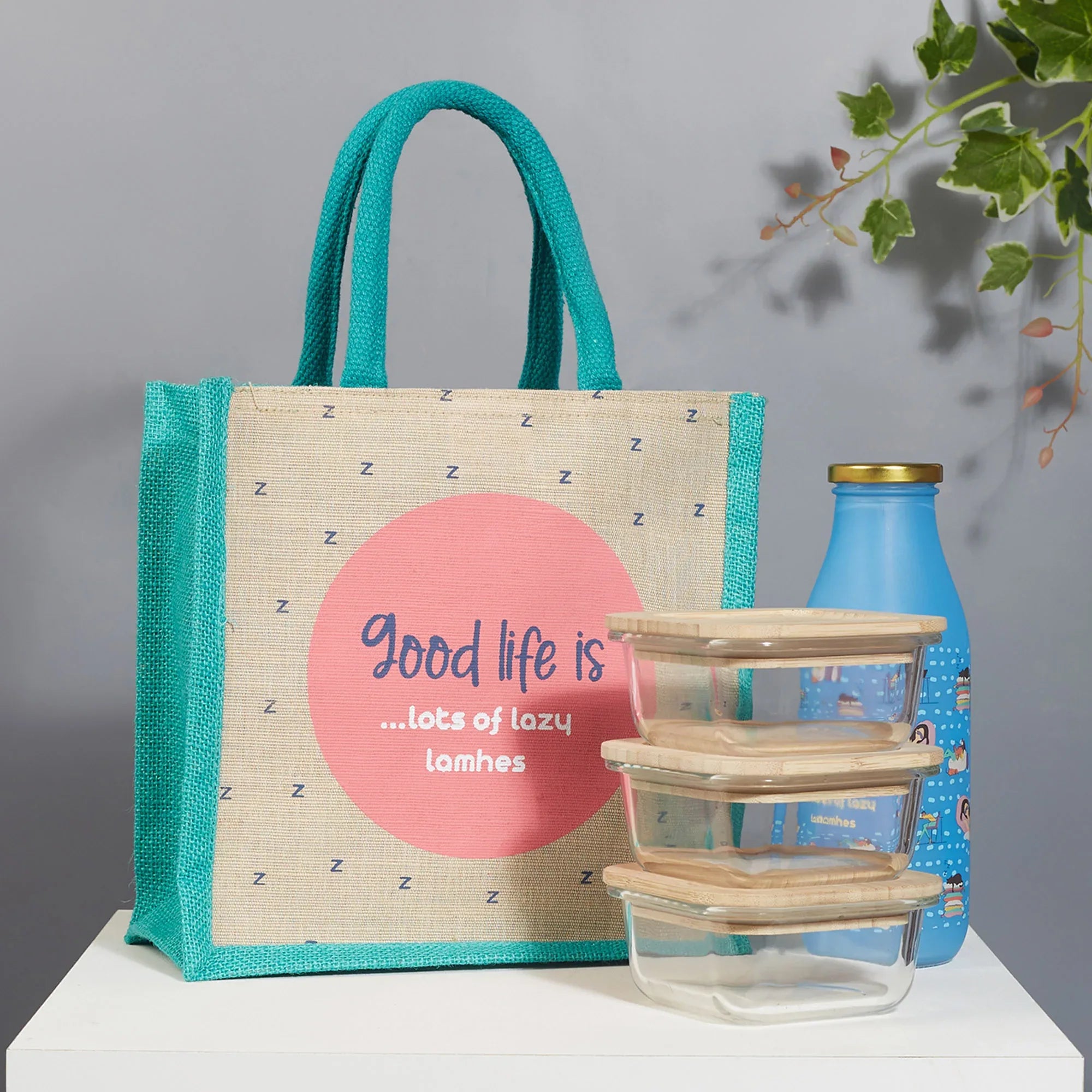 Good Life Jute Reversible Lazy Lamhe Printed Lunch Bag 25.5 x 25.5 Cm in Turq Colour - HomeTown