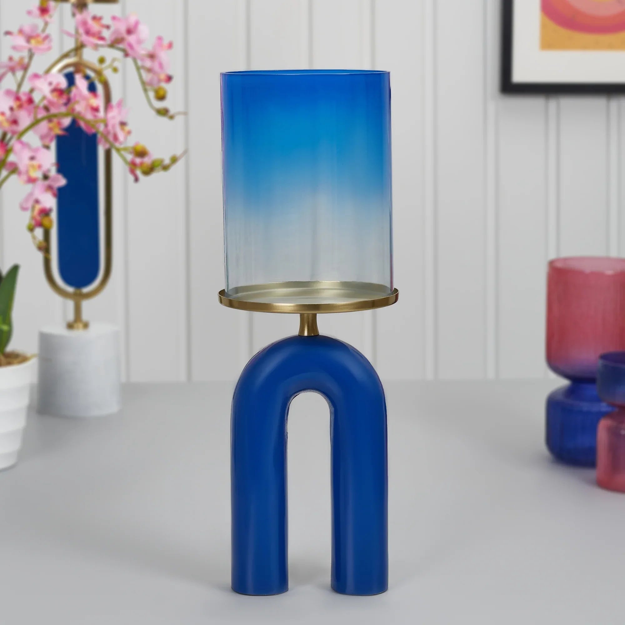 Athena Aluminium and Glass Rainbow Candle Holder 15x41 Cm in Navy Blue Colour - HomeTown