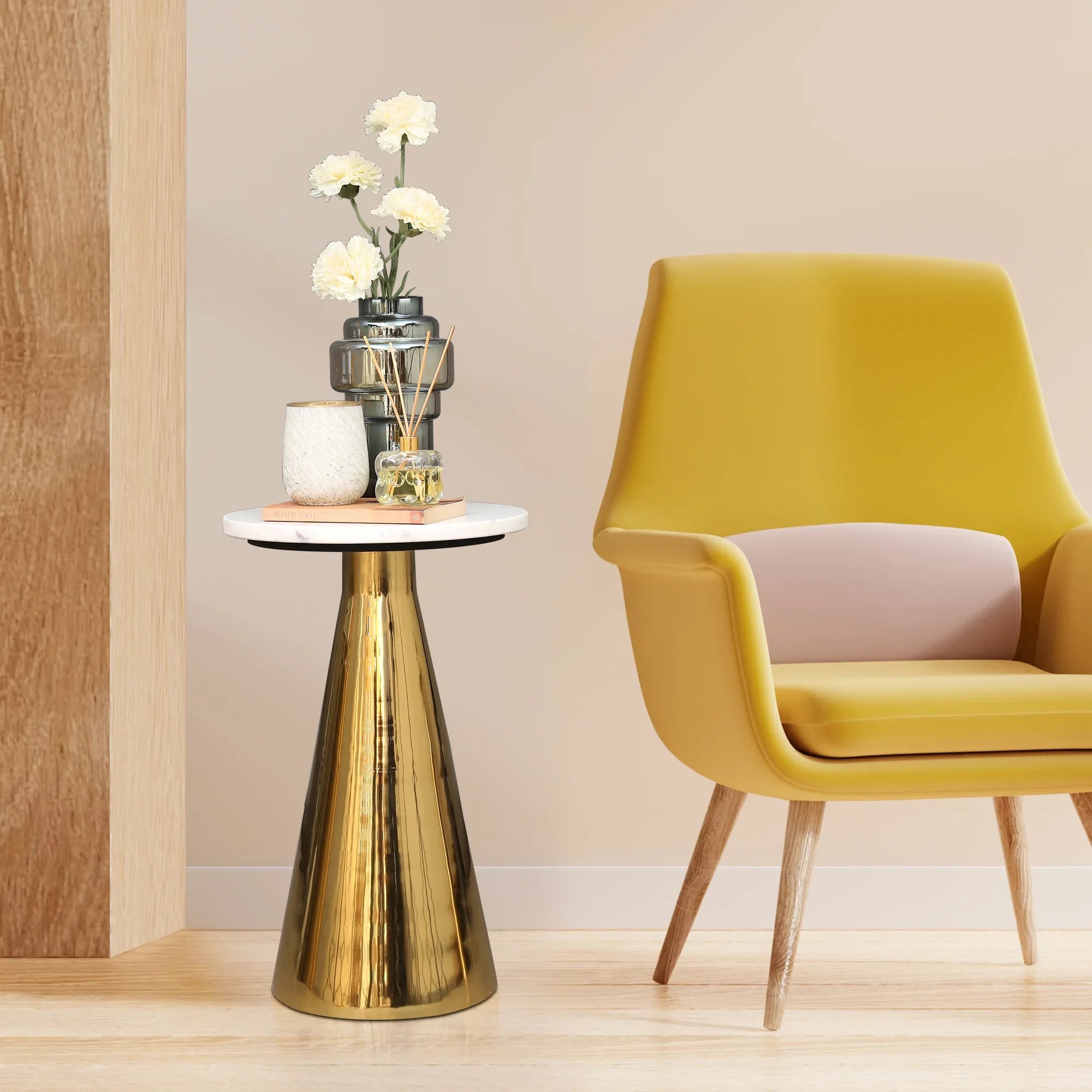 Corbe Metal Side Table in Gold & White Colour - HomeTown