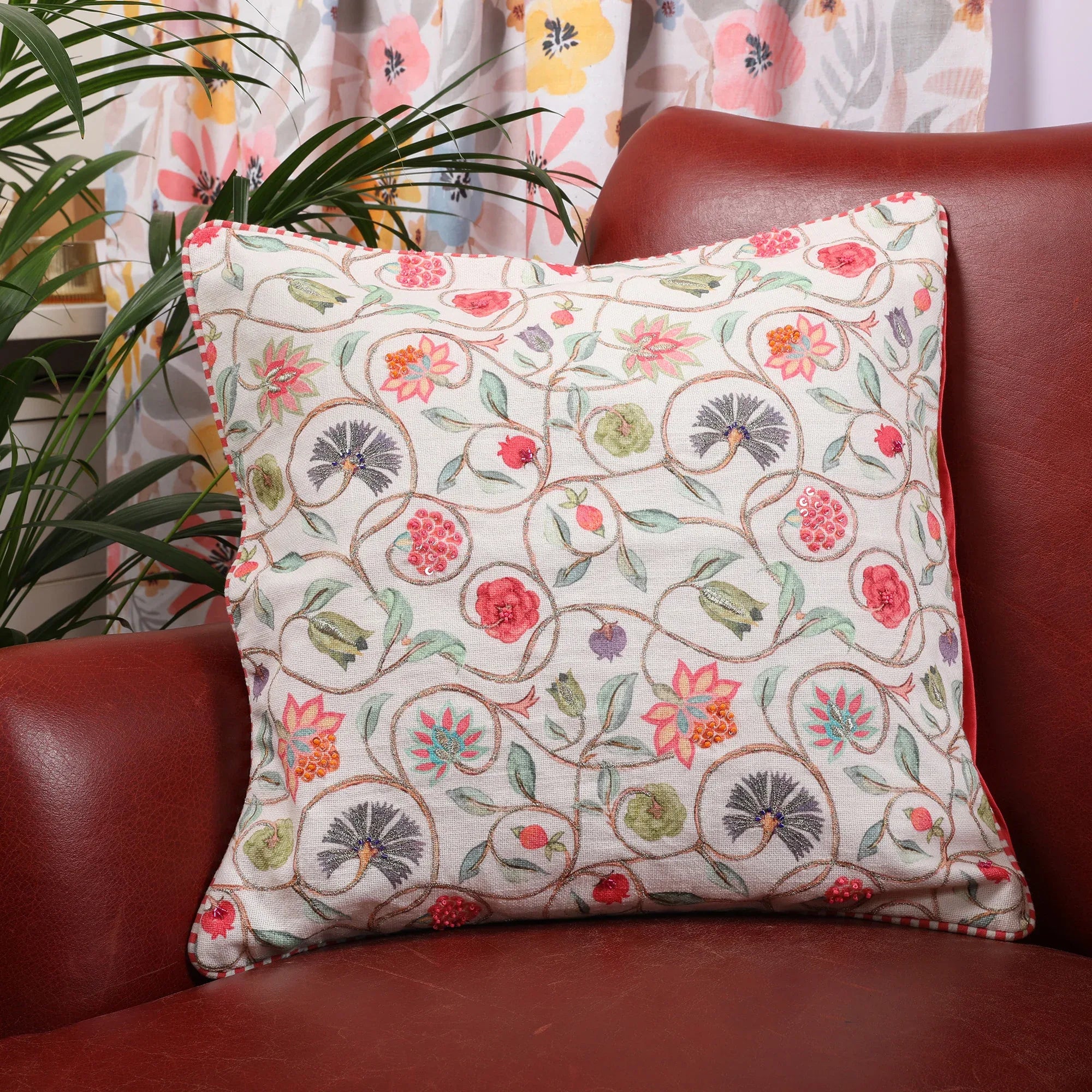 Indian Botanical Cotton Cushion Cover 45x45 cm in Multi Pink Colour - HomeTown