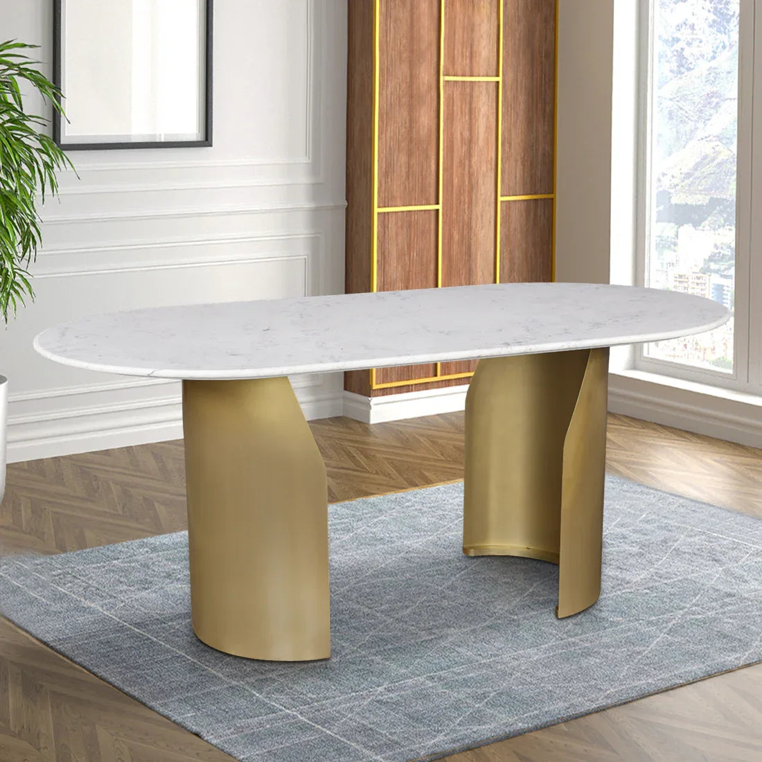 Palatine Marble Top Six Seater Dining Table in White & Gold Colour - HomeTown
