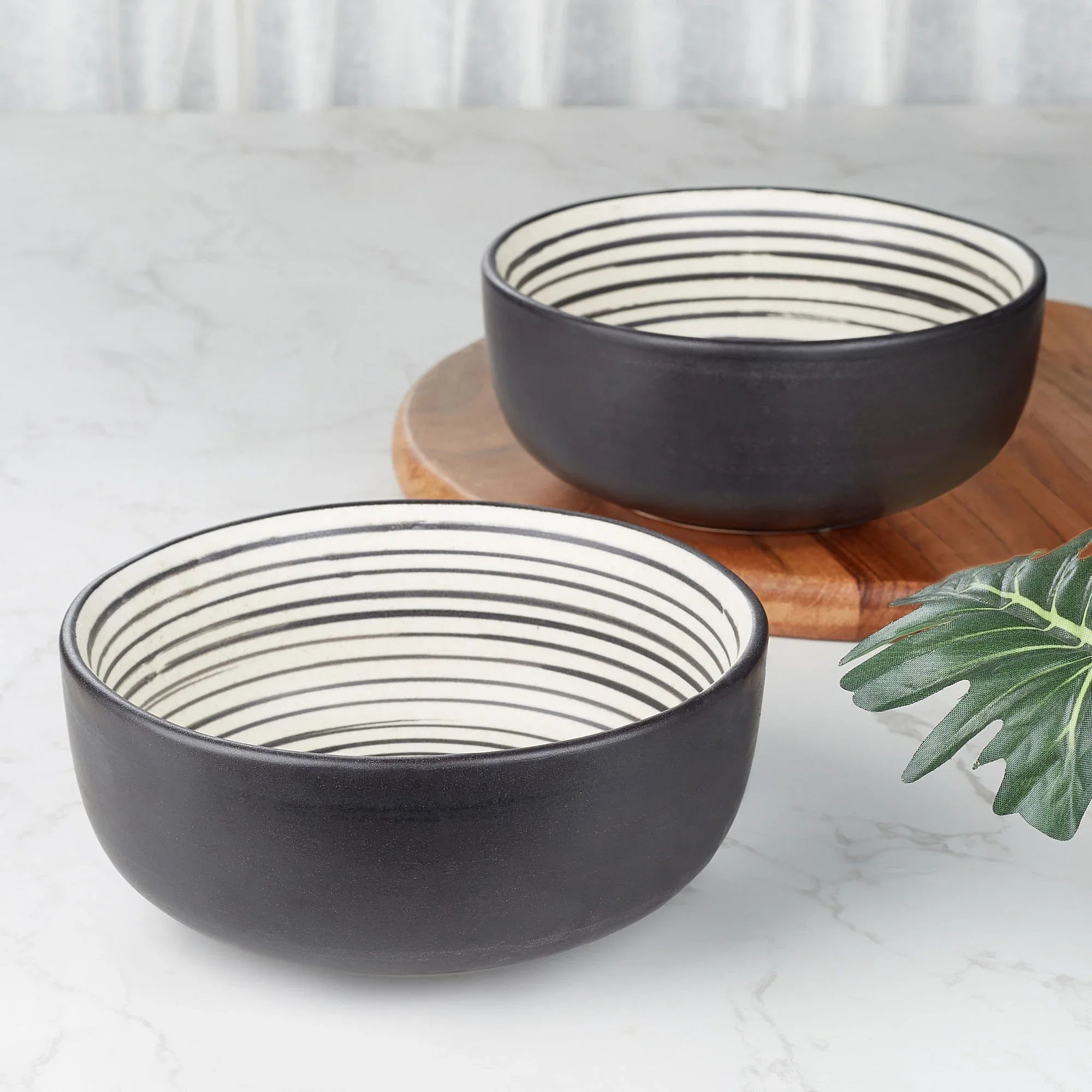 Artisanal Studio Pottery Stoneware Serving Bowl Set of 2 in Black & Ecru Colour - HomeTown