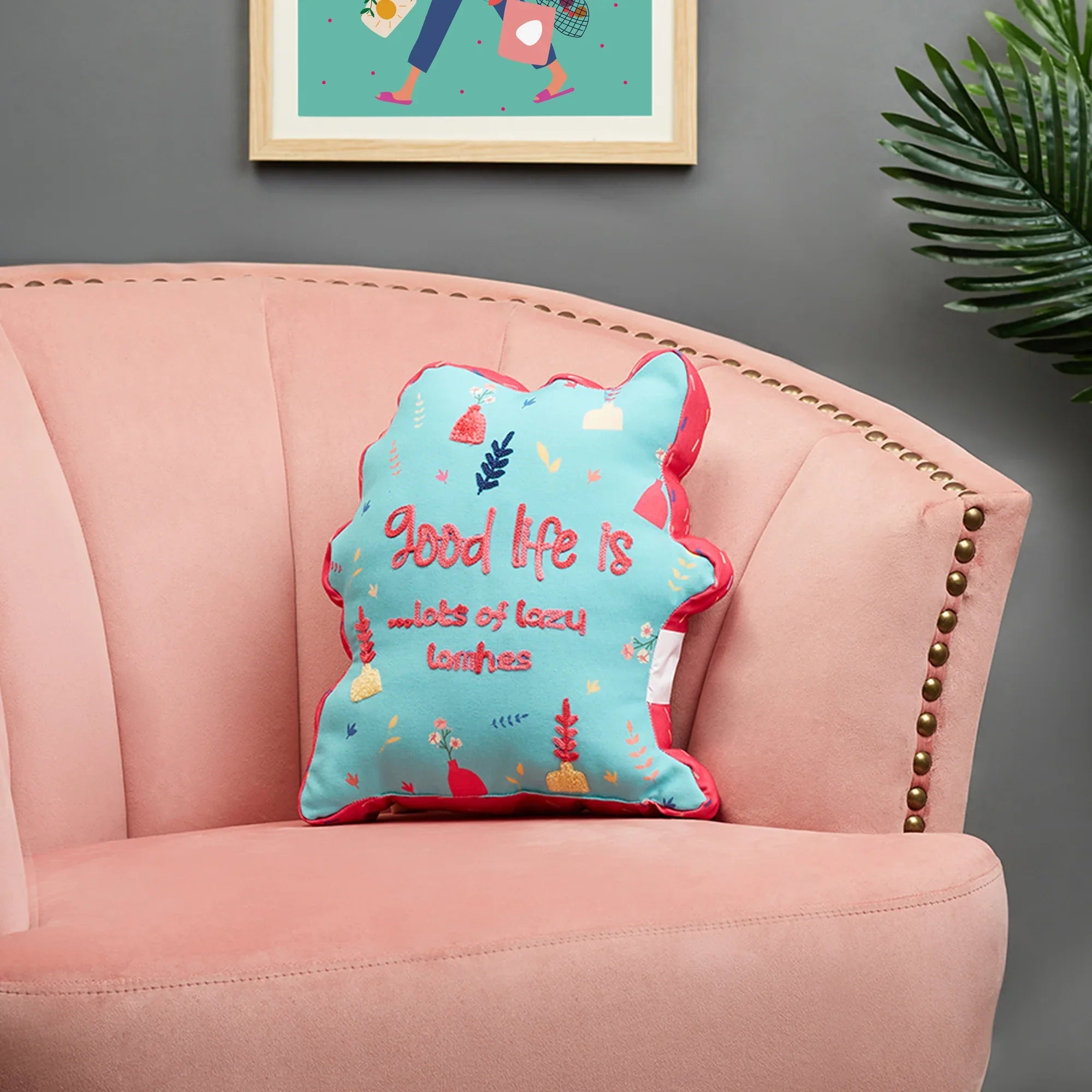 Good Life Reversible Lazy Lamhe Digital Printed Shaped Cushion 33x36 Cm in Aqua Colour - HomeTown