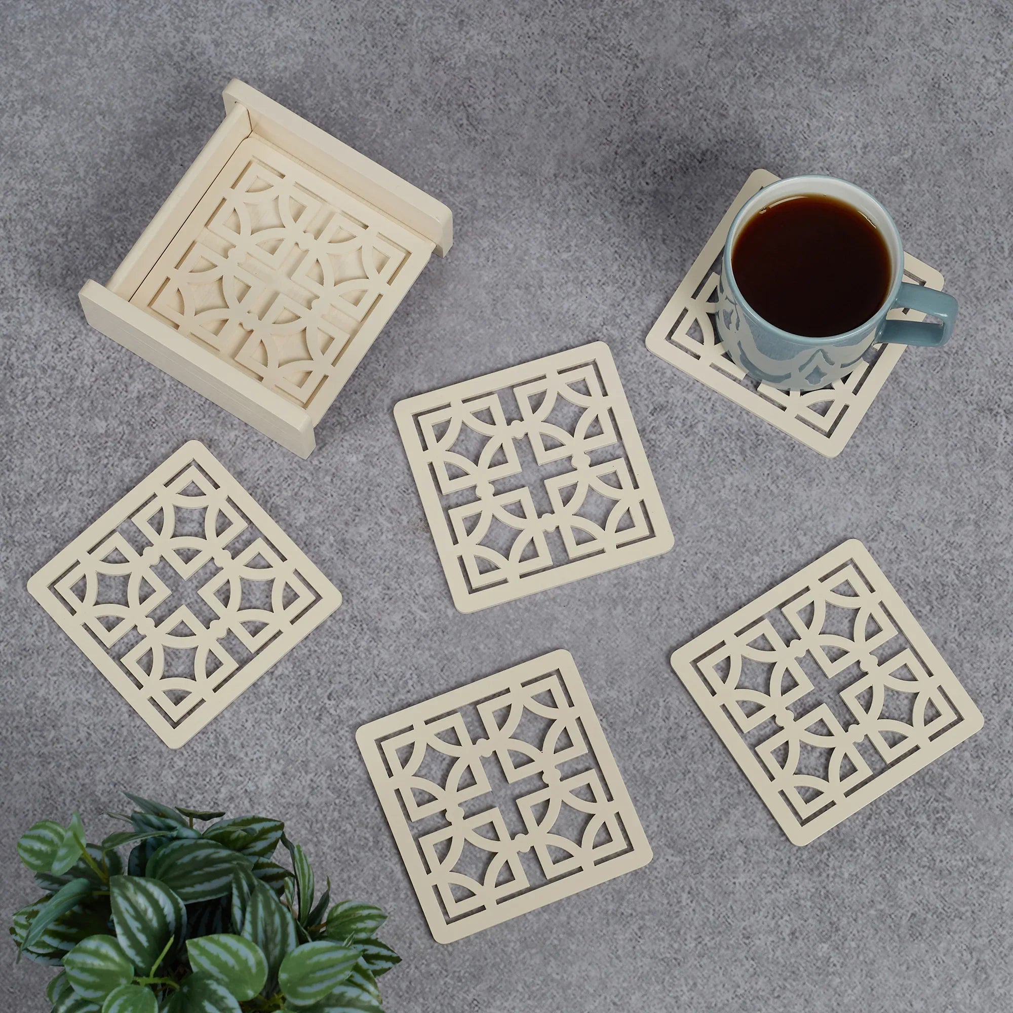 Laser Engineered Wood Coaster Set Of 6 in Multi Colour - HomeTown