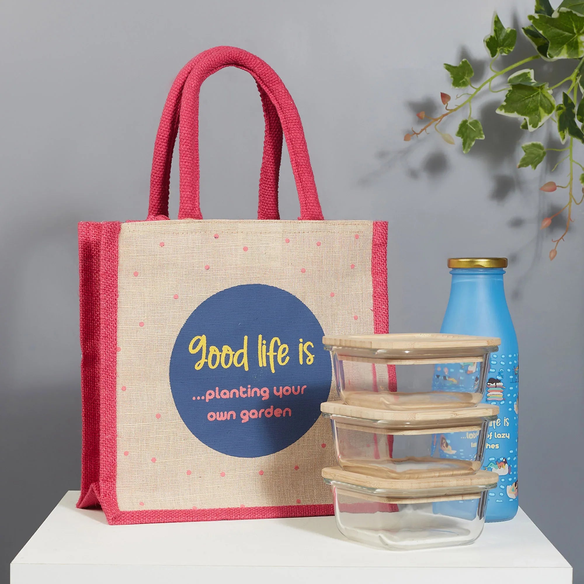 Good Life Jute Reversible Bag Garden Printed Lunch Bag 25.5 x 25.5 Cm in Multi Colour - HomeTown