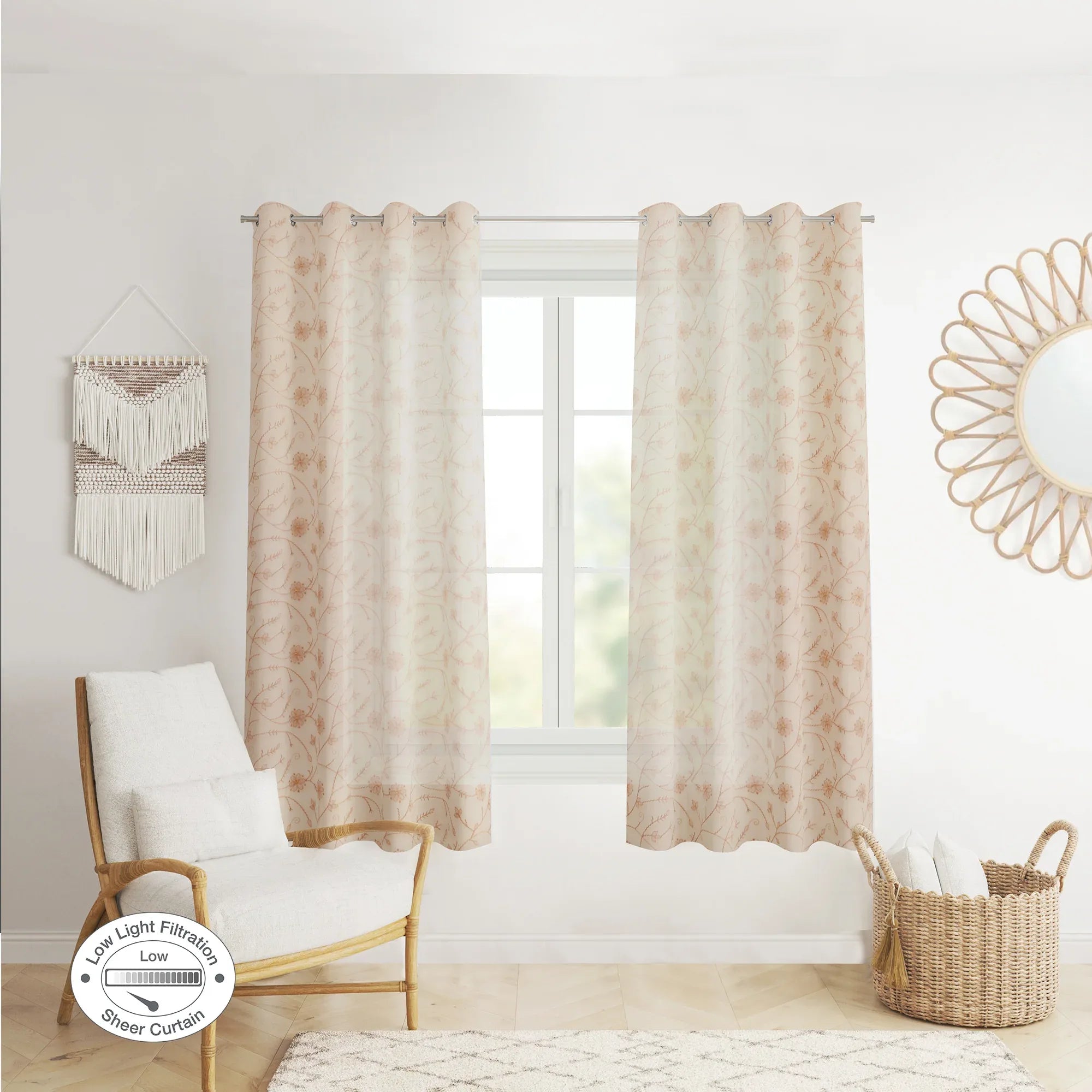 Amour Set Of 2 Embroidered Window Sheer Curtains 5 feet in Beige Colour - HomeTown