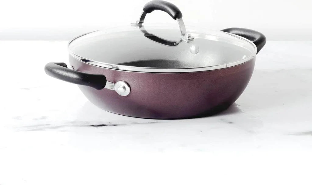 Merlot Lead Free Aluminium Non Stick Kadai With Glass Lid 28Cm 3.68 Ltr in Red Colour - HomeTown