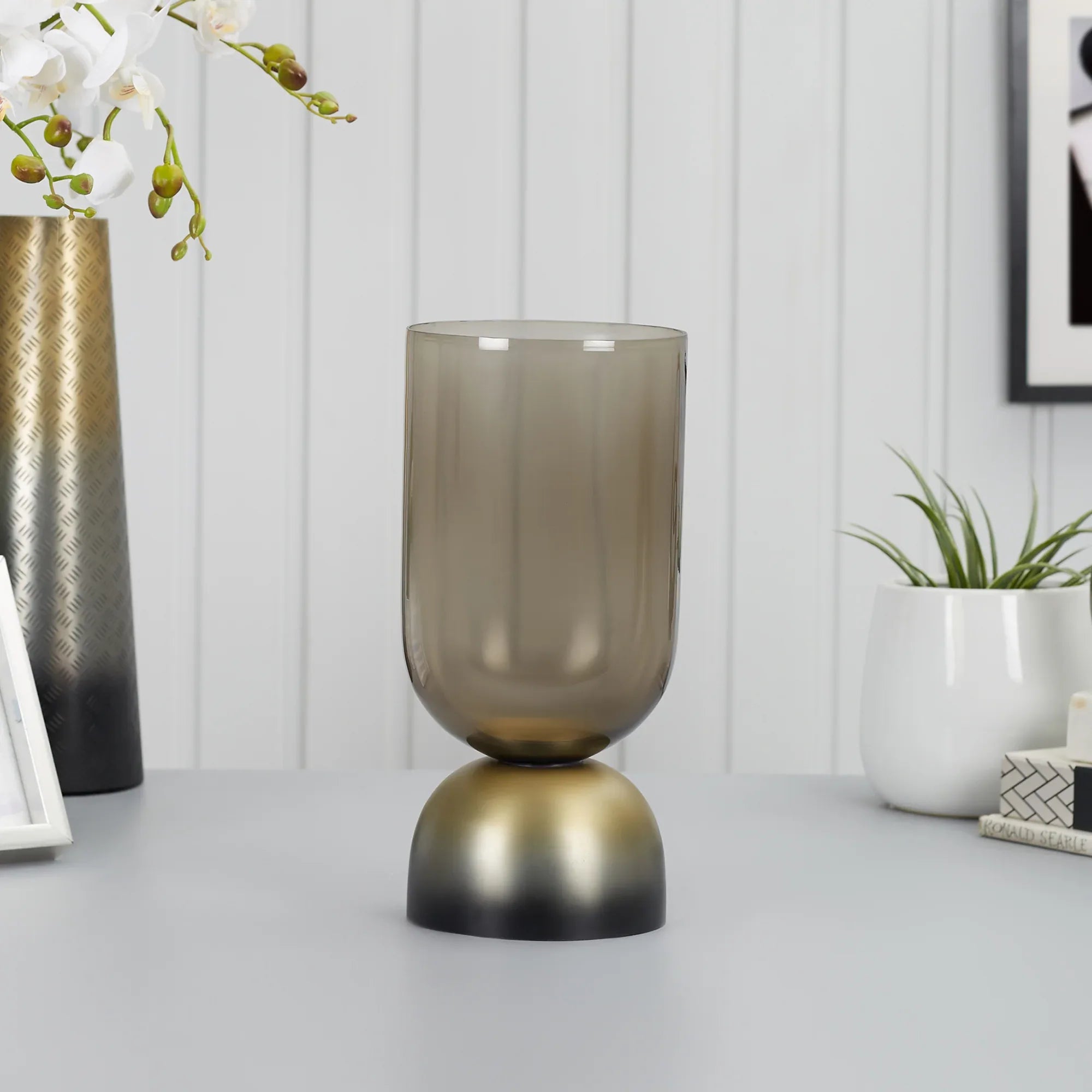 Zeus Iron and Glass Ombre Chimney Hurricane 17x35 Cm in Antique Gold & Black Colour - HomeTown