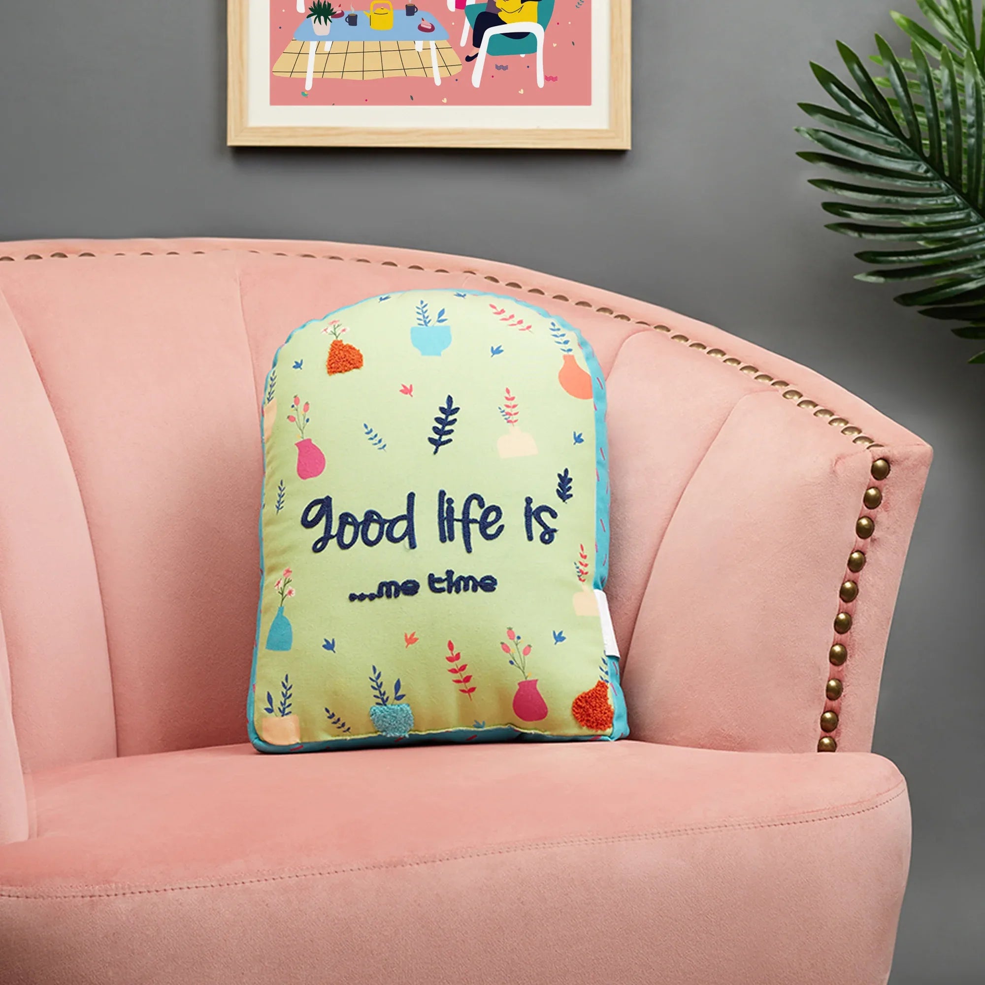 Good Life Reversible Window Digital Printed Shaped Cushion 28x38 Cm in Green Colour - HomeTown