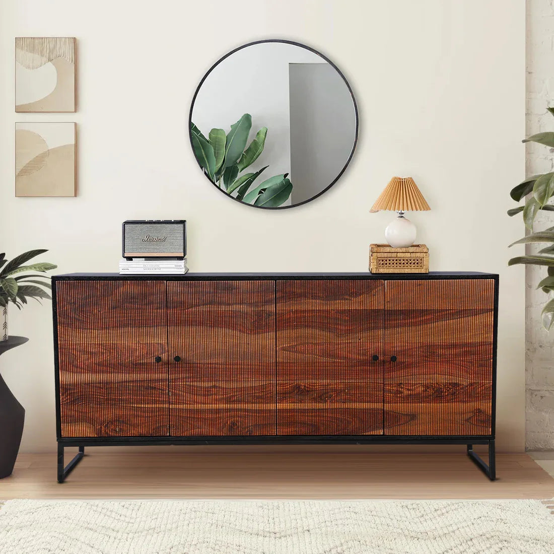 Sven Sheesham Wood(Rosewood) Sideboard in Natural Sheesham & Black Colour - HomeTown
