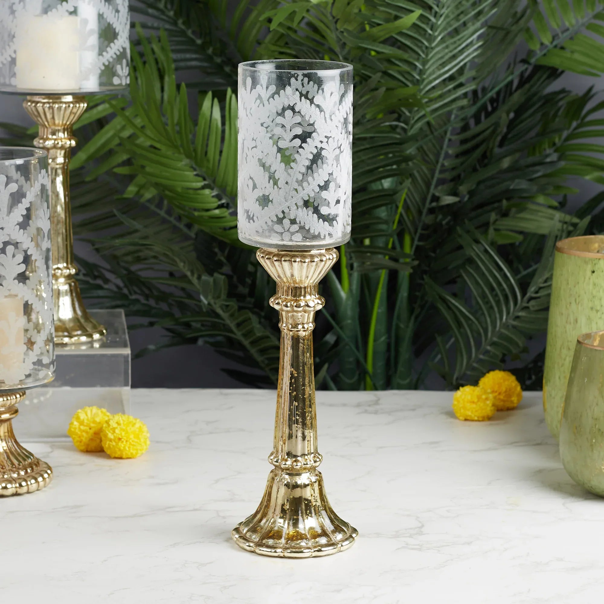 Phiona Glass Etched Handcrafted Hurricane 42 Cm in Gold Colour - HomeTown