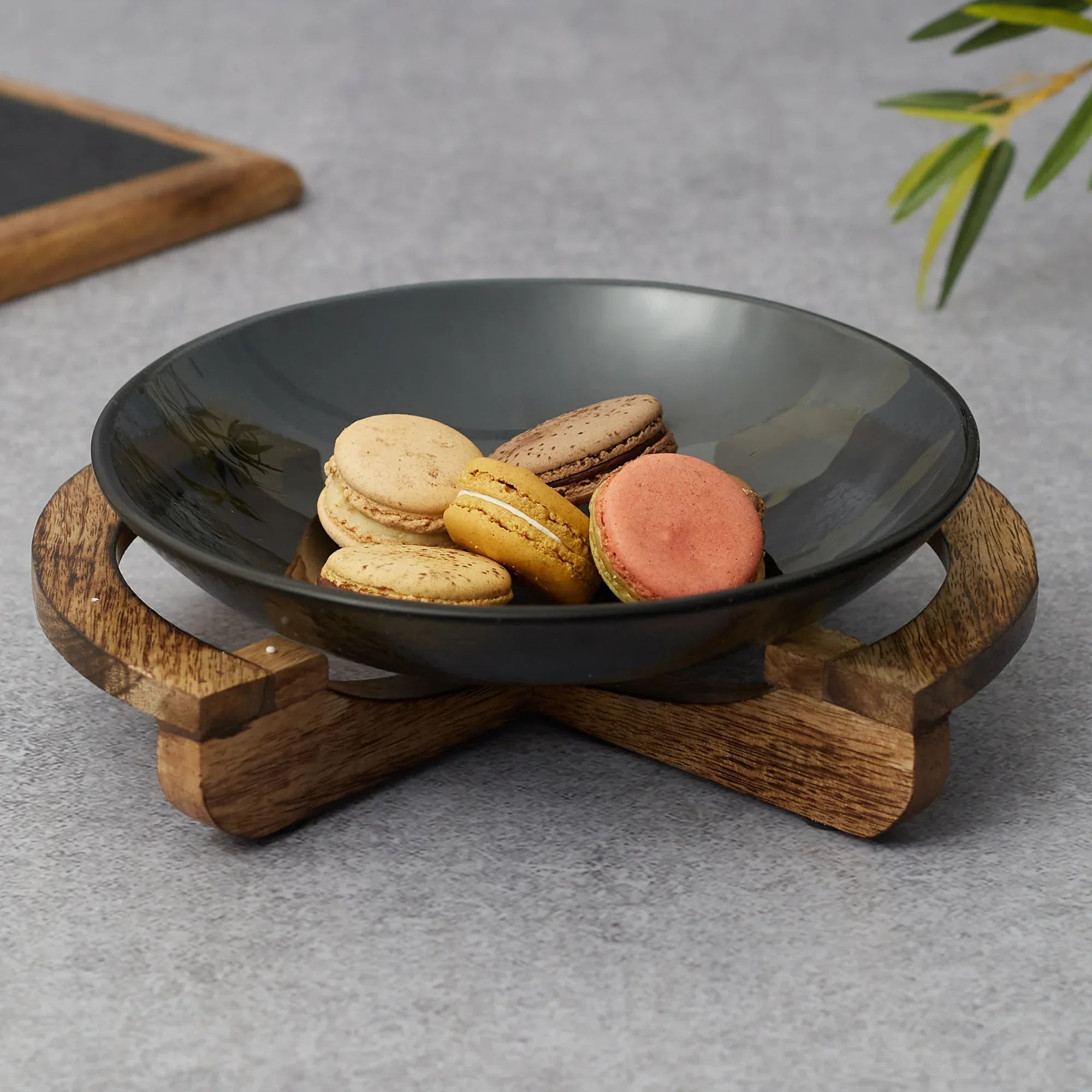 Ebony Glass & Wooden Cross Bowl 24cm in Black Texture Colour - HomeTown