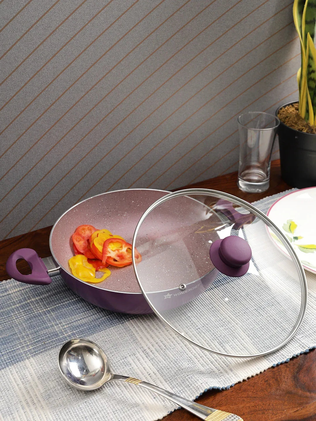 Royal Velvet Induction Bottom Non-Stick Steel Wok With Lid 26cm / 3.2 Ltr / 3mm in Purple Colour - HomeTown