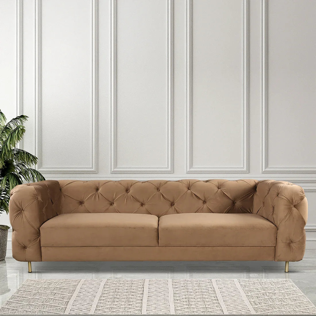 Bellrose Velvet Fabric Three Seater Sofa in Brown Colour - HomeTown