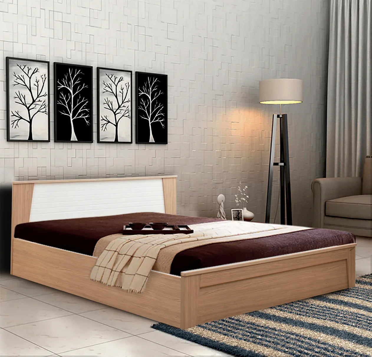 Ambra Queen Bed with Hydraulic Storage in Oak Colour - HomeTown