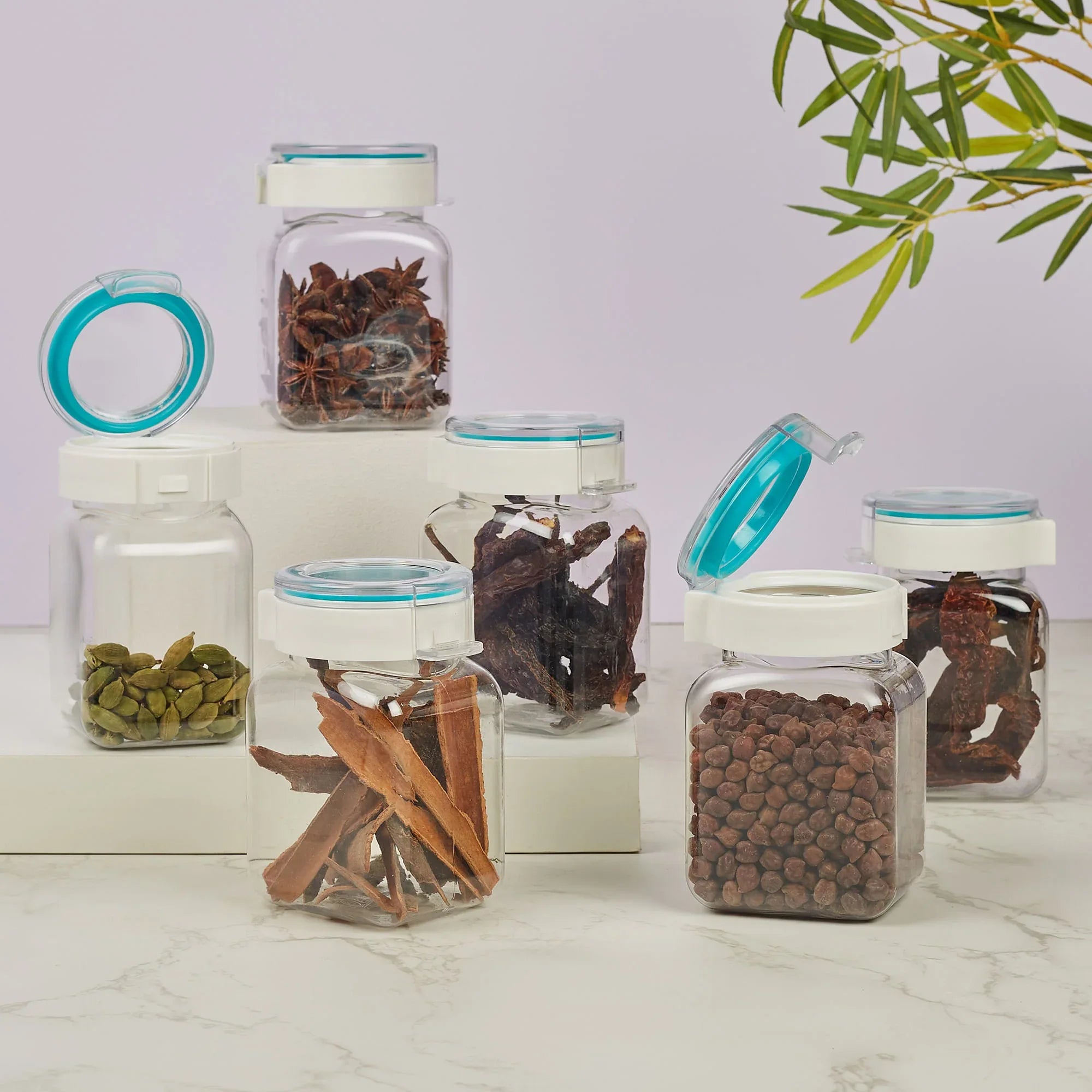 Flexo BPA Free Easy Lock Square Container 350ml Set of 6 in Teal & Transparent Colour - HomeTown