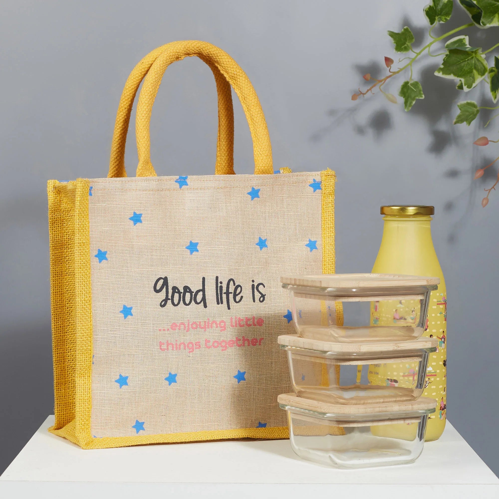 Good Life Jute Reversible Stary Night Printed Lunch Bag 25.5 x 25.5 Cm in Navy Blue & Yellow Colour - HomeTown