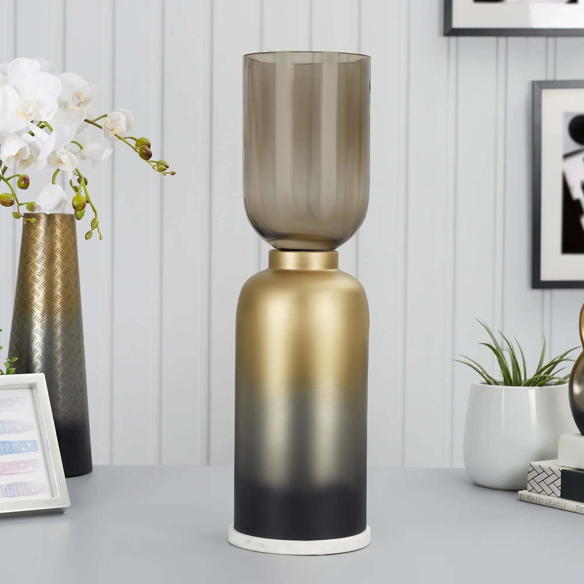 Zeus Iron and Glass Ombre Floor Hurricane 20x63 Cm in Antique Gold & Black Colour - HomeTown