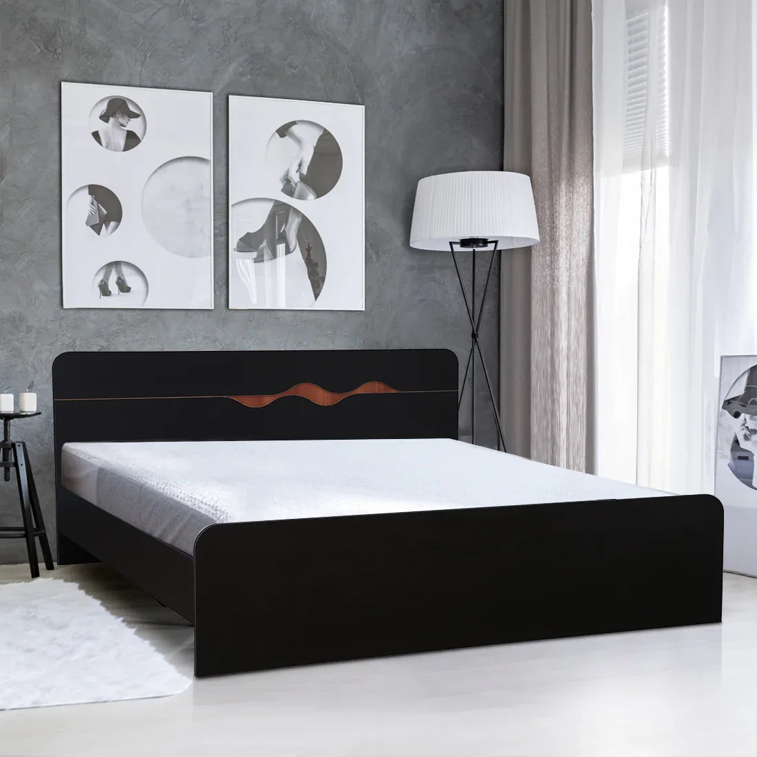 Swirl Queen bed without storage in Dark Oak Colour - HomeTown