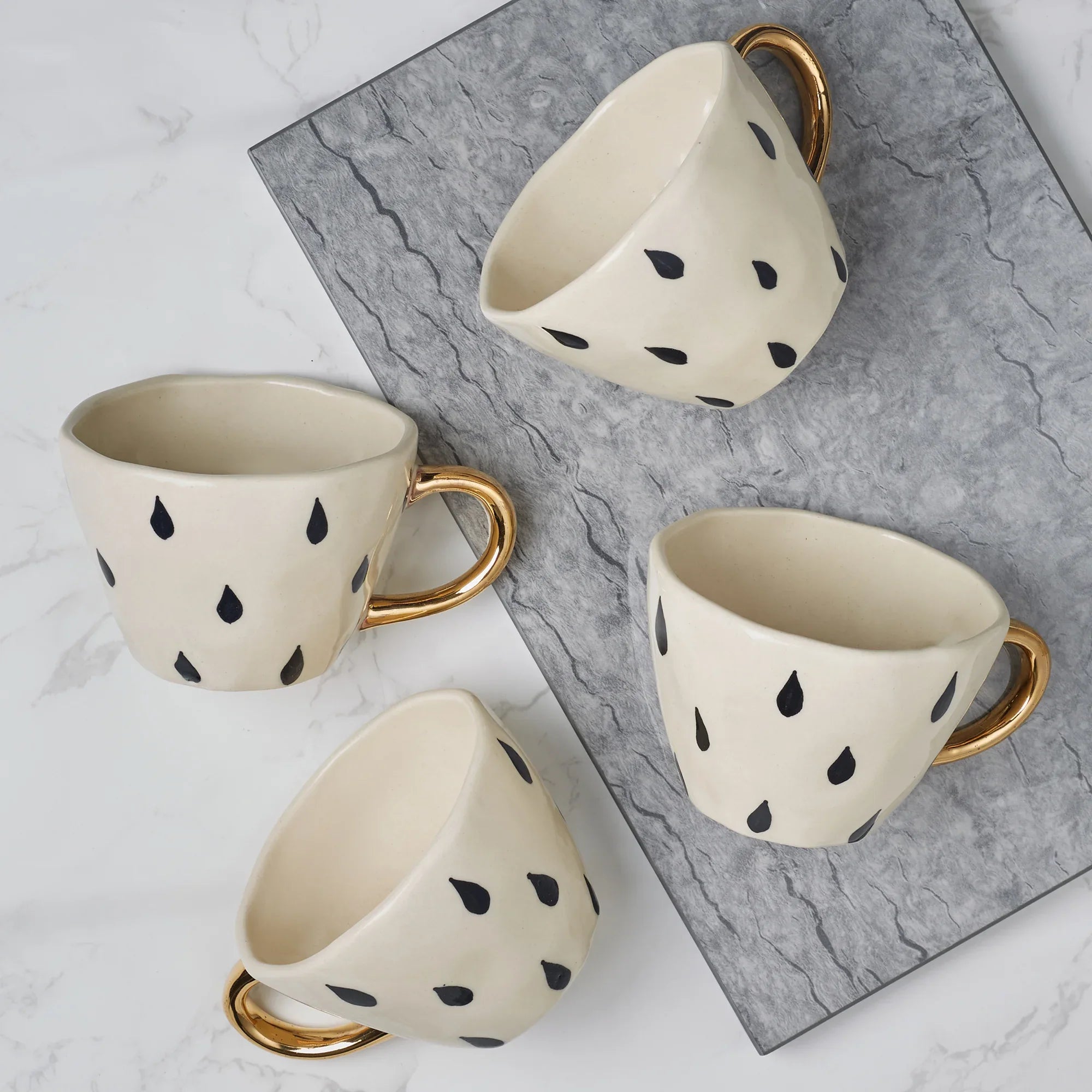 Fiesta Studio Pottery Droplet Tea Mug 250 ML Set of 4 with Real Gold Plating in Black & White Colour - HomeTown