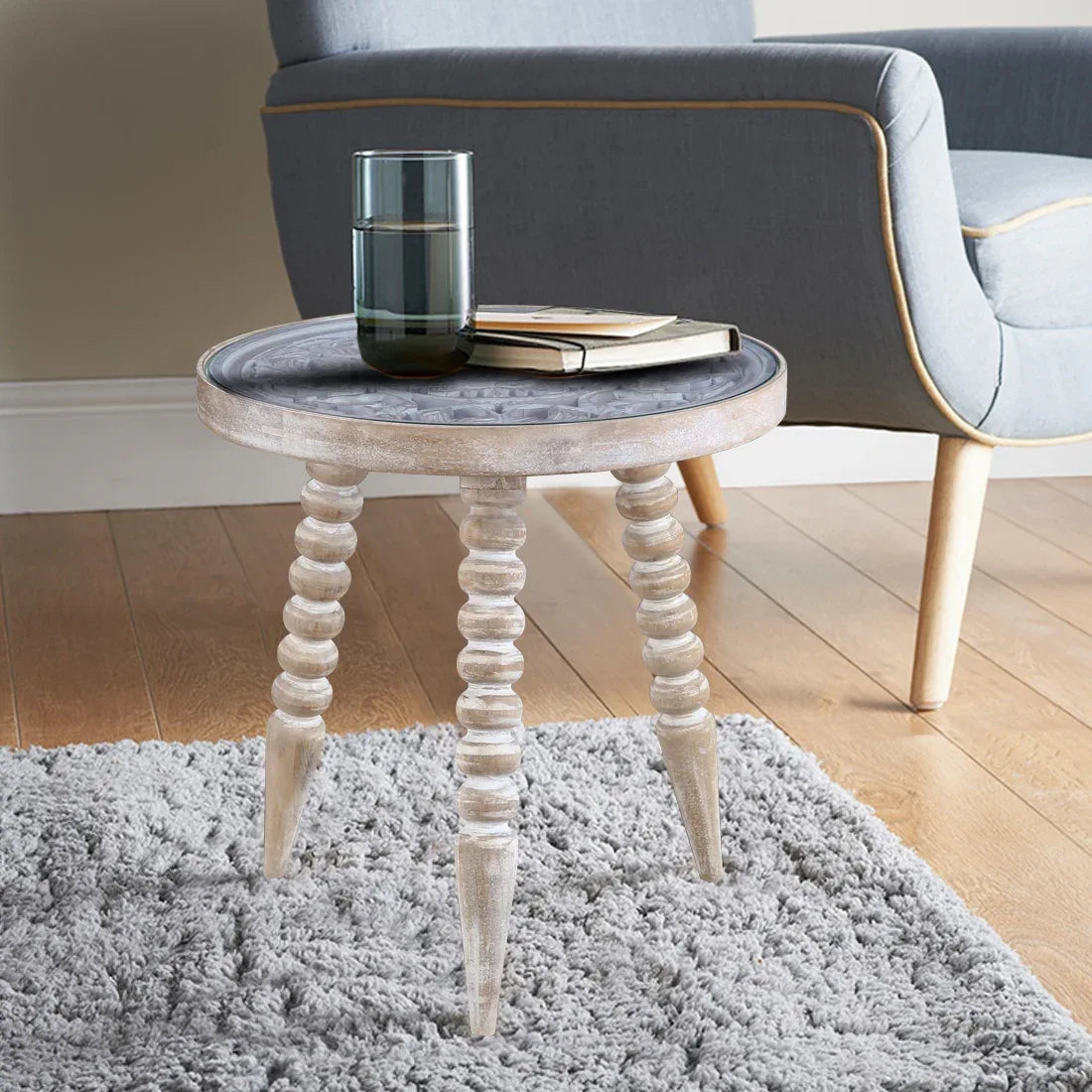 Antico Mango Wood Carved Stool in White Colour - HomeTown