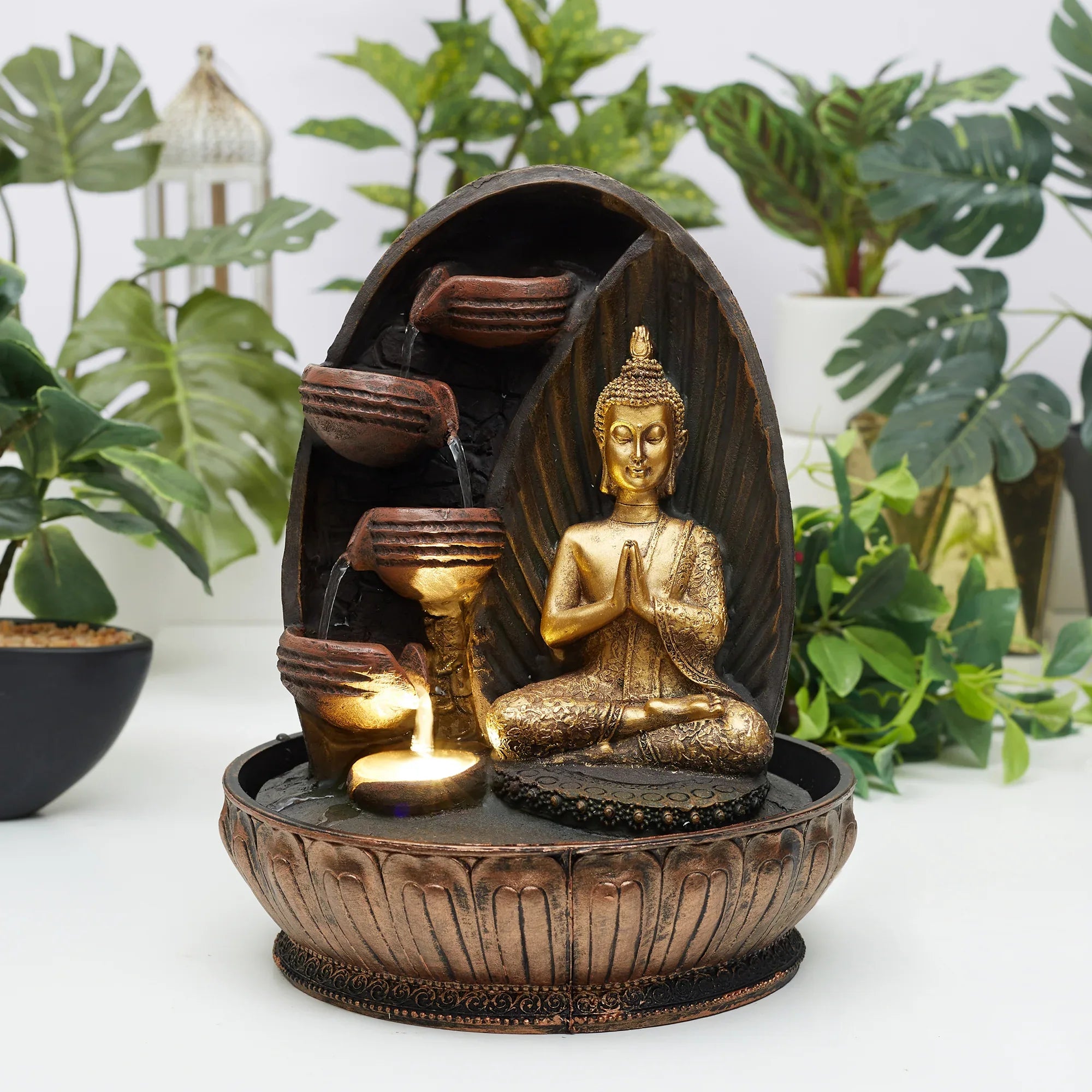 Impression Polyresin Buddha Drops Water Fountain 23x23x29 Cm in Antique Gold Colour