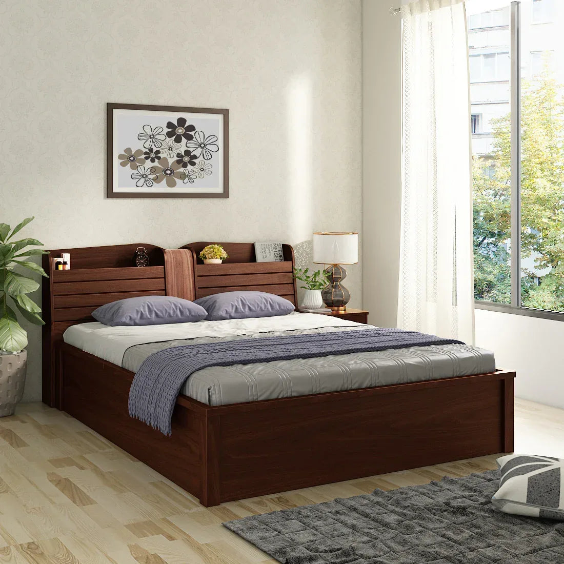 Magnum Engineered Wood Bed with Storage in Urban Walnut Colour - HomeTown