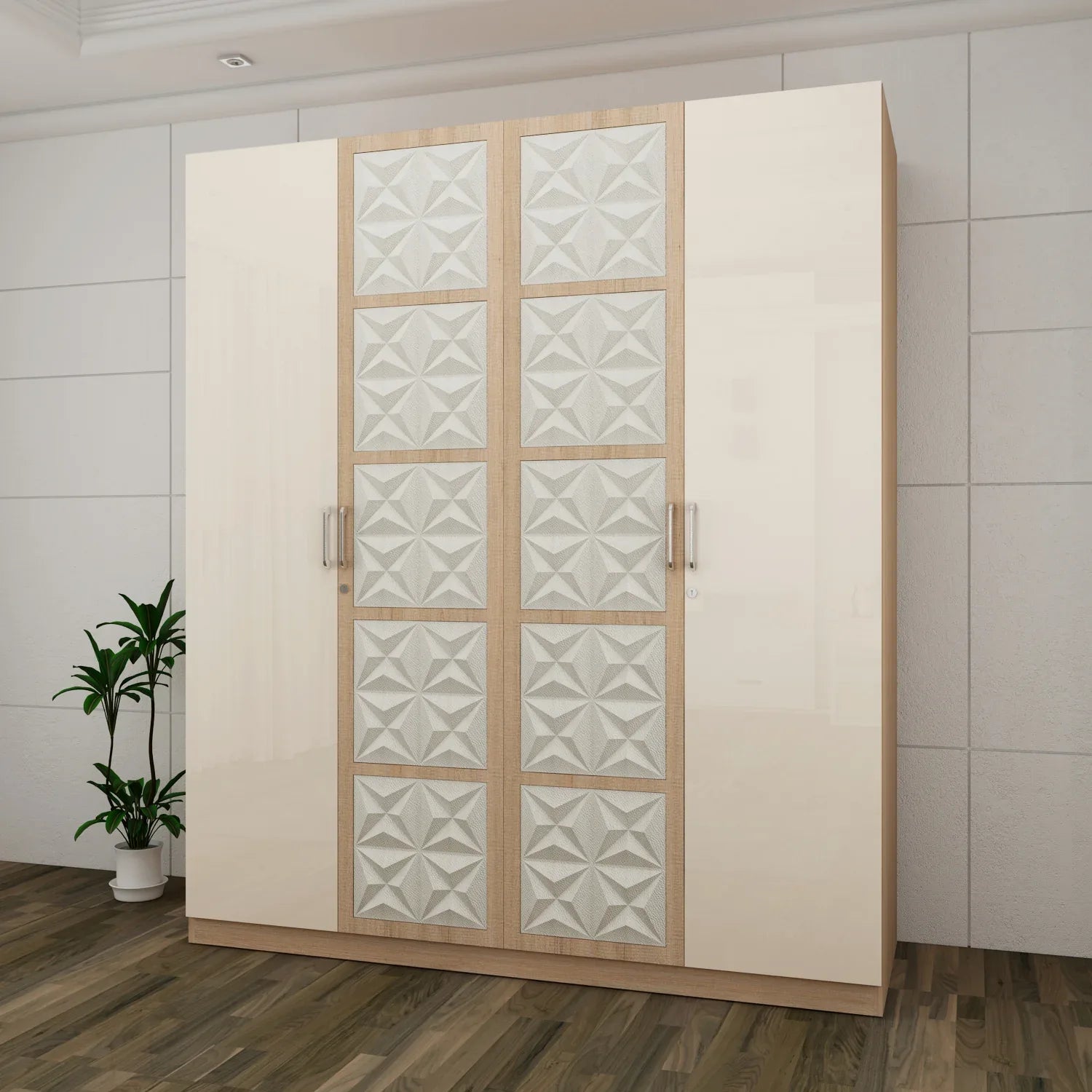 Jordan Four Door Wardrobe in Sonam Oak & White Colour - HomeTown
