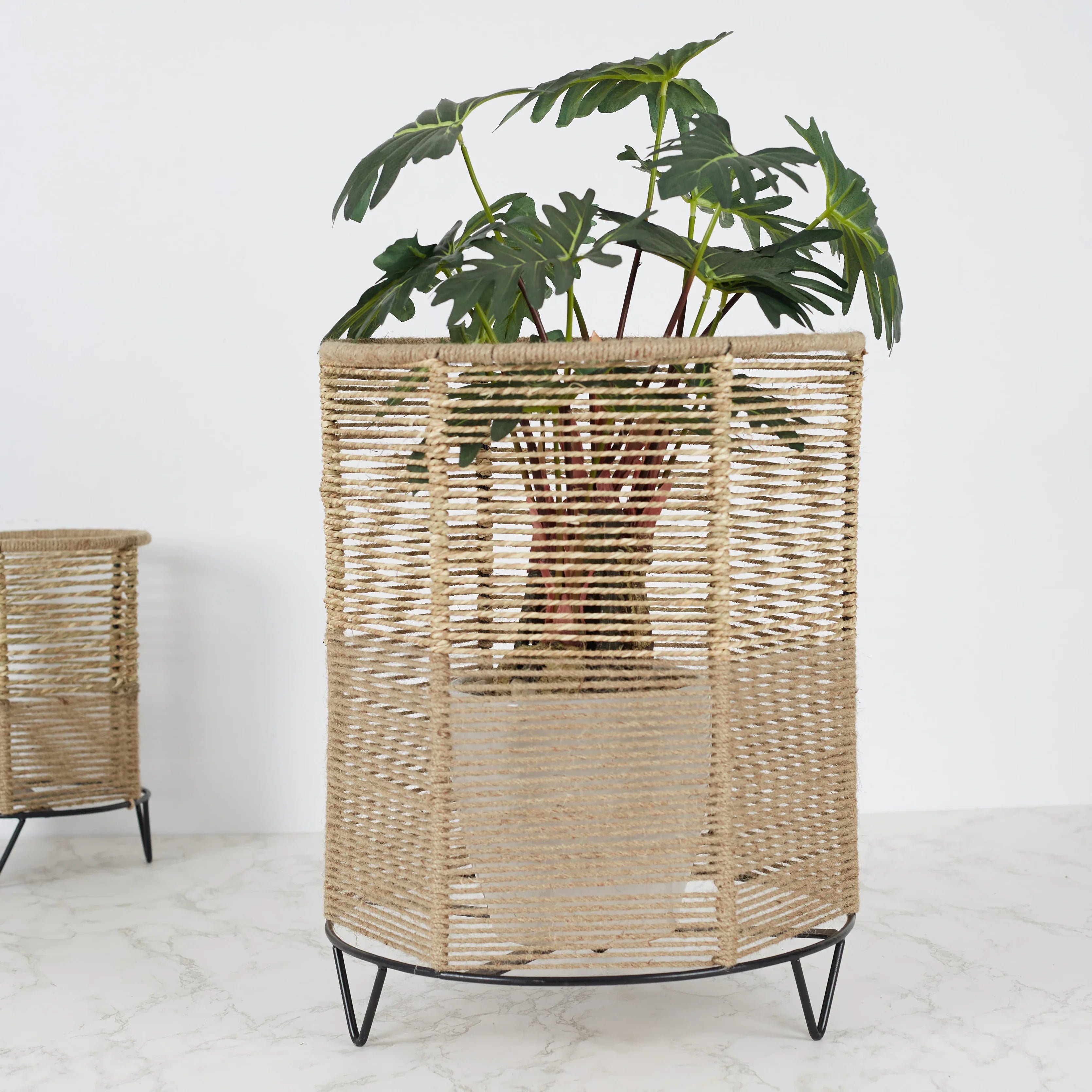 Boho Metal And Natural Fiber Planter Stand 42Cm in Brown Colour - HomeTown