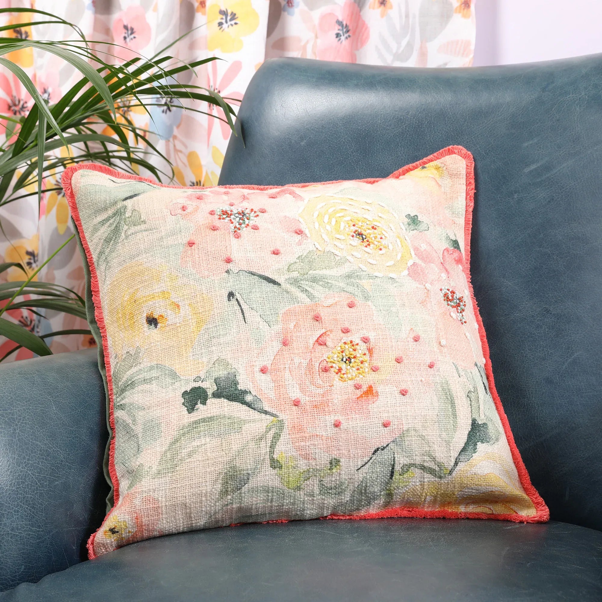 Indian Botanical Cotton Cushion Cover 40x40 cm in Multi Colour - HomeTown