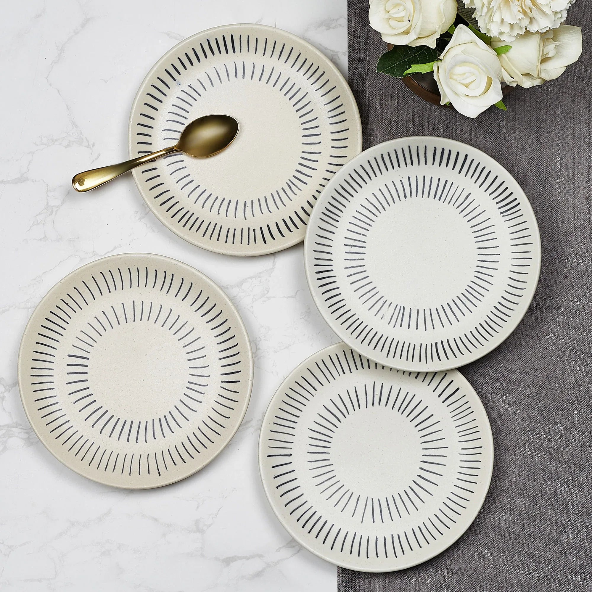 Artisanal Studio Pottery Stoneware Quarter Plate Set of 4 in Black & Ecru Colour - HomeTown