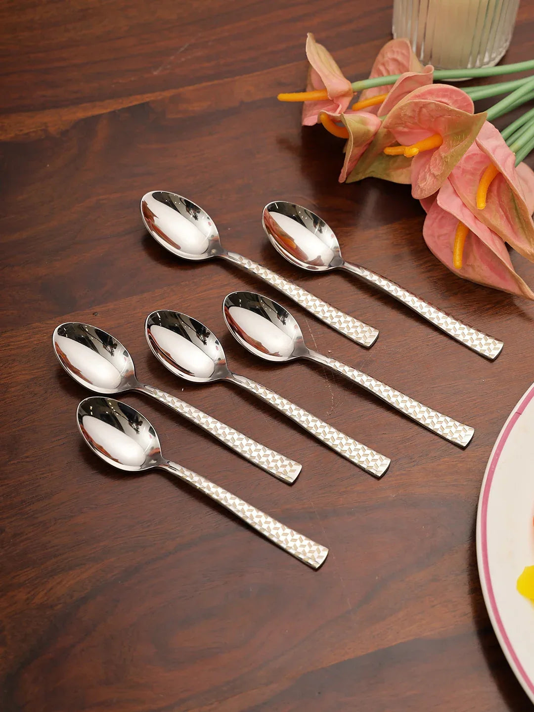 FNS Rhombo Tea Steel Spoon Set of 6 in Silver Colour - HomeTown