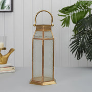 Apollo Iron and Glass Hexagon Lantern 19x37 Cm in Emerald & Gold Colour - HomeTown