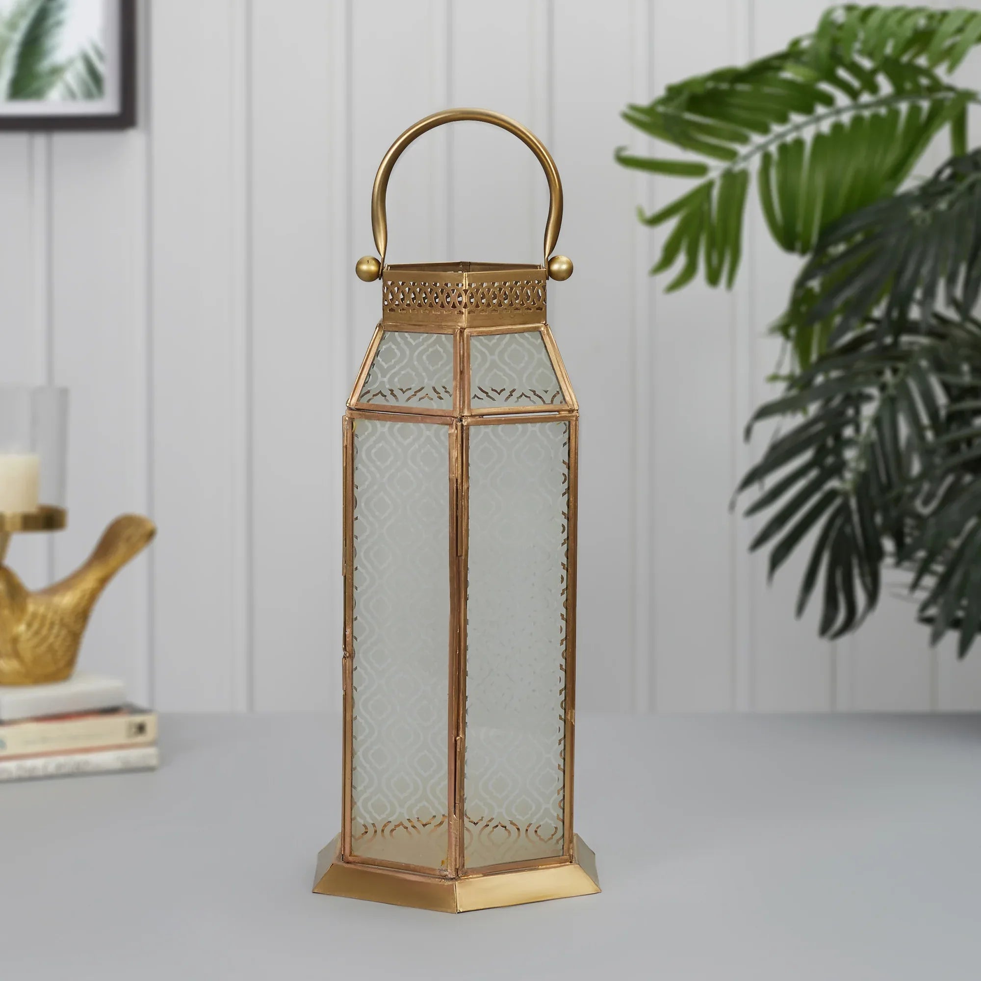 Apollo Iron and Glass Hexagon Lantern 19x37 Cm in Emerald & Gold Colour - HomeTown