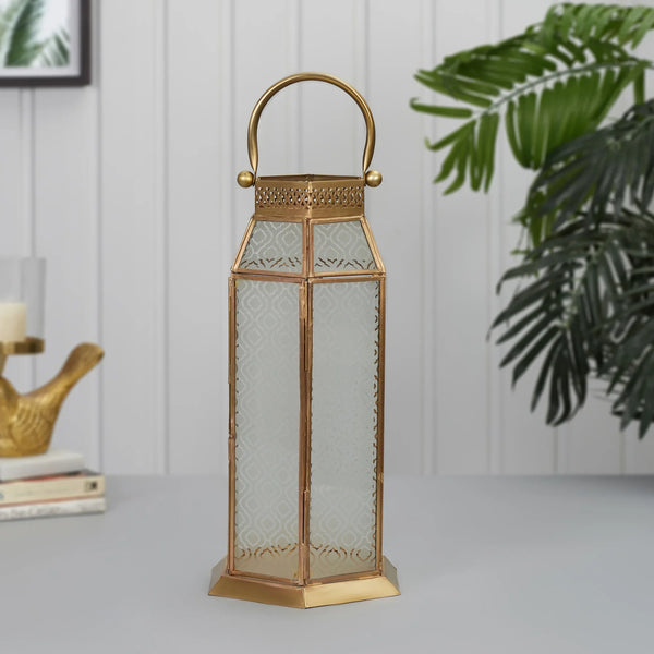 Apollo Iron and Glass Hexagon Lantern 19x37 Cm in Emerald & Gold Colour dimensions