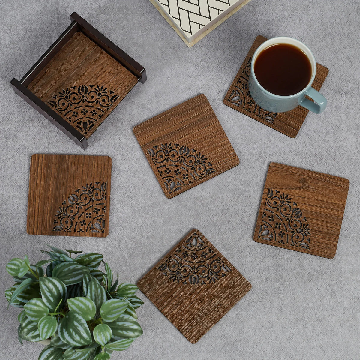 Reversible Dark Wenge Engineered Wood Coaster Set Of 6 in Multi Colour - HomeTown