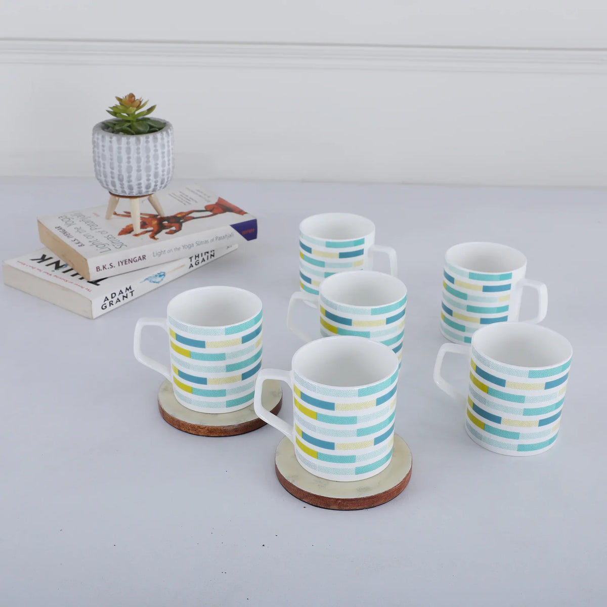 Bahamas Bone China Stripes 200 ml Tea Mugs Set of 6 Pcs in Multi Colour - HomeTown