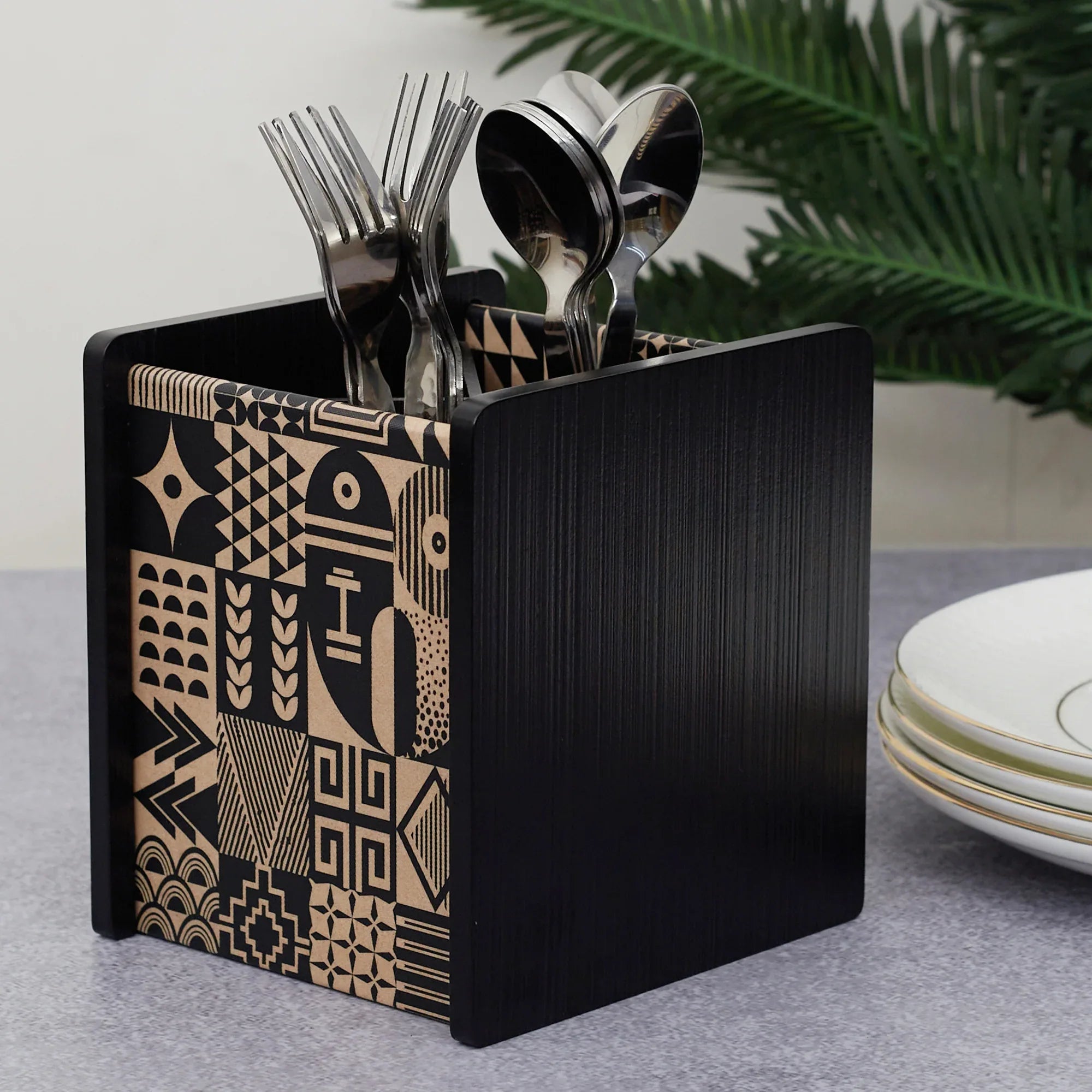 Print Modern Black Engineered Wood Cutlery Holder in Multi Colour - HomeTown
