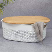 Stereo Plastic Oval Basket With Bamboo Lid 11.5 Ltr in White Colour - HomeTown