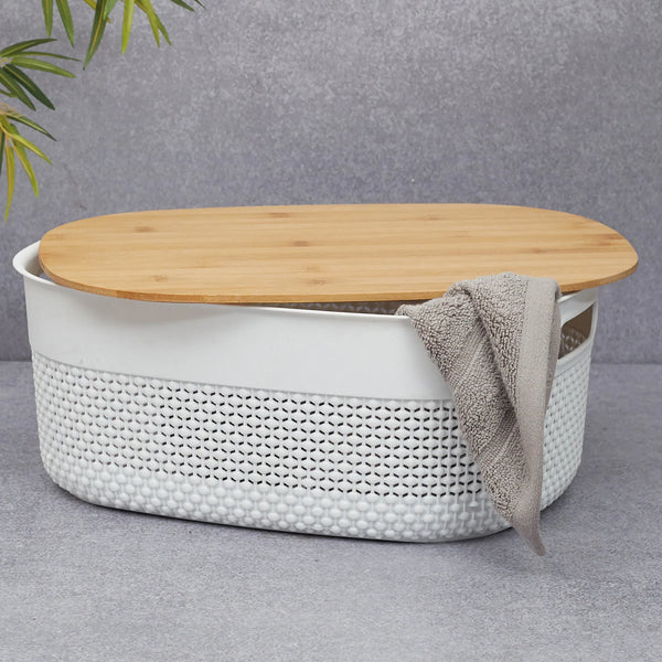 Stereo Plastic Oval Basket With Bamboo Lid 11.5 Ltr in White Colour dimensions