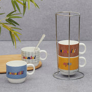 Milan Bone China India Stackable 220 Ml Tea Mug Set of 4 with Stand in Multi Colour - HomeTown