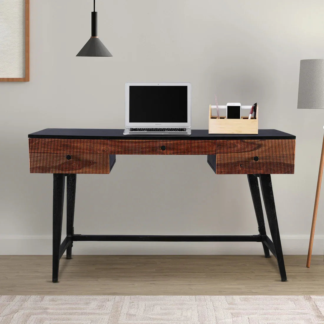 Sven Sheesham Wood(Rosewood) Study Table in Natural Sheesham & Black Colour - HomeTown