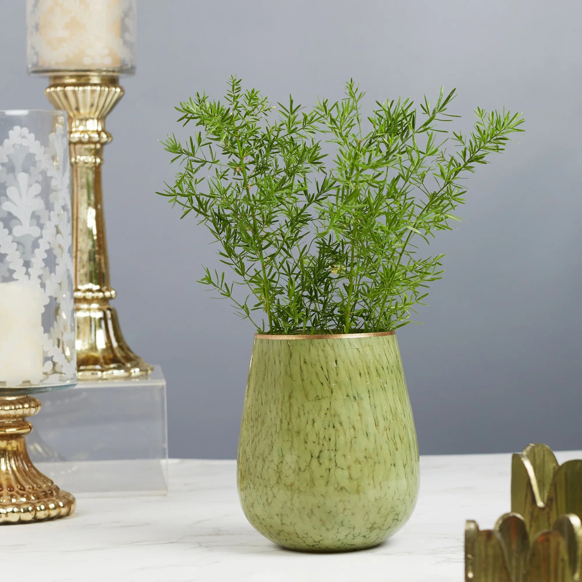 Phiona Glass Textured Handcrafted Vase 15 Cm in Olive Colour - HomeTown
