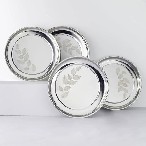 Glisto Stainless Steel Rajbhog Side Plate Set of 4 with Etched Design in Silver Colour dimensions
