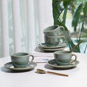 Hygge Studio Pottery Stoneware Cup & Saucer Set of 4 in Sage Green Colour - HomeTown